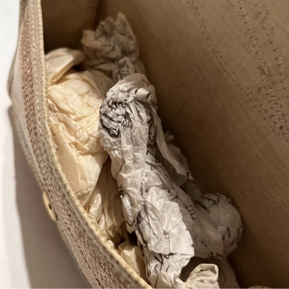 Vtg Carlos Falchi Tan Straw Snake Print Geometrical Boho Flat Underarm Purse Bag - Picture 4 of 9